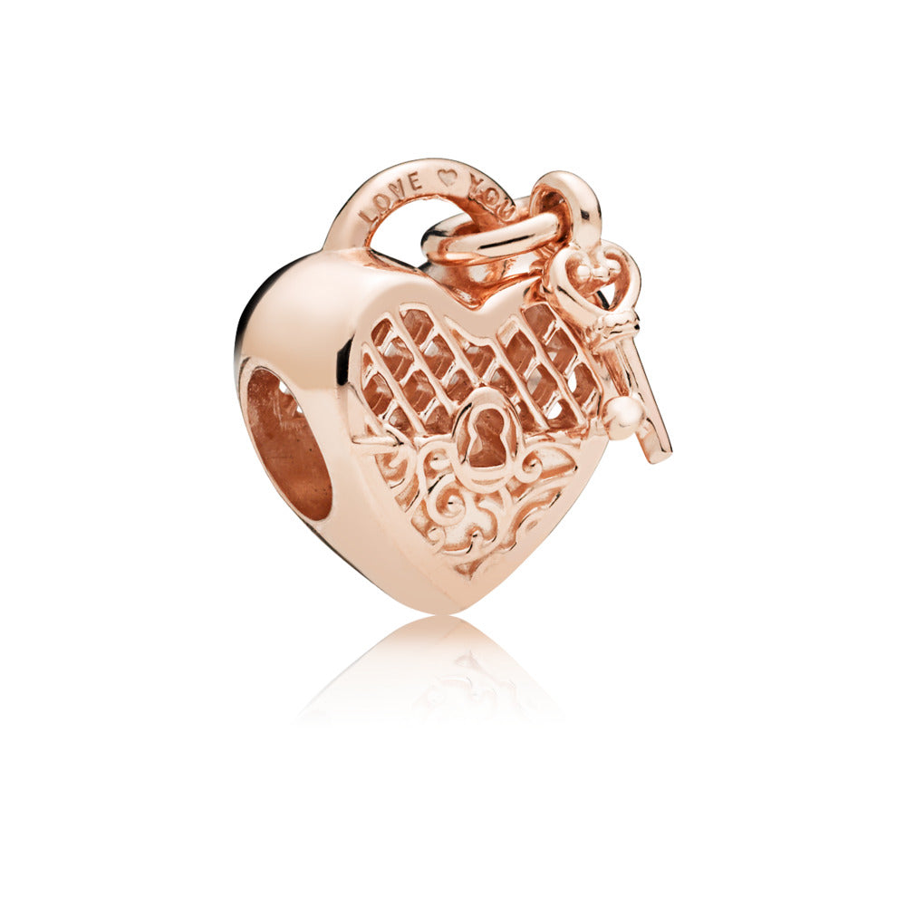 Pandora Heart padlock and key charm in PANDORA Rose with engraving ""Love You"" 787655