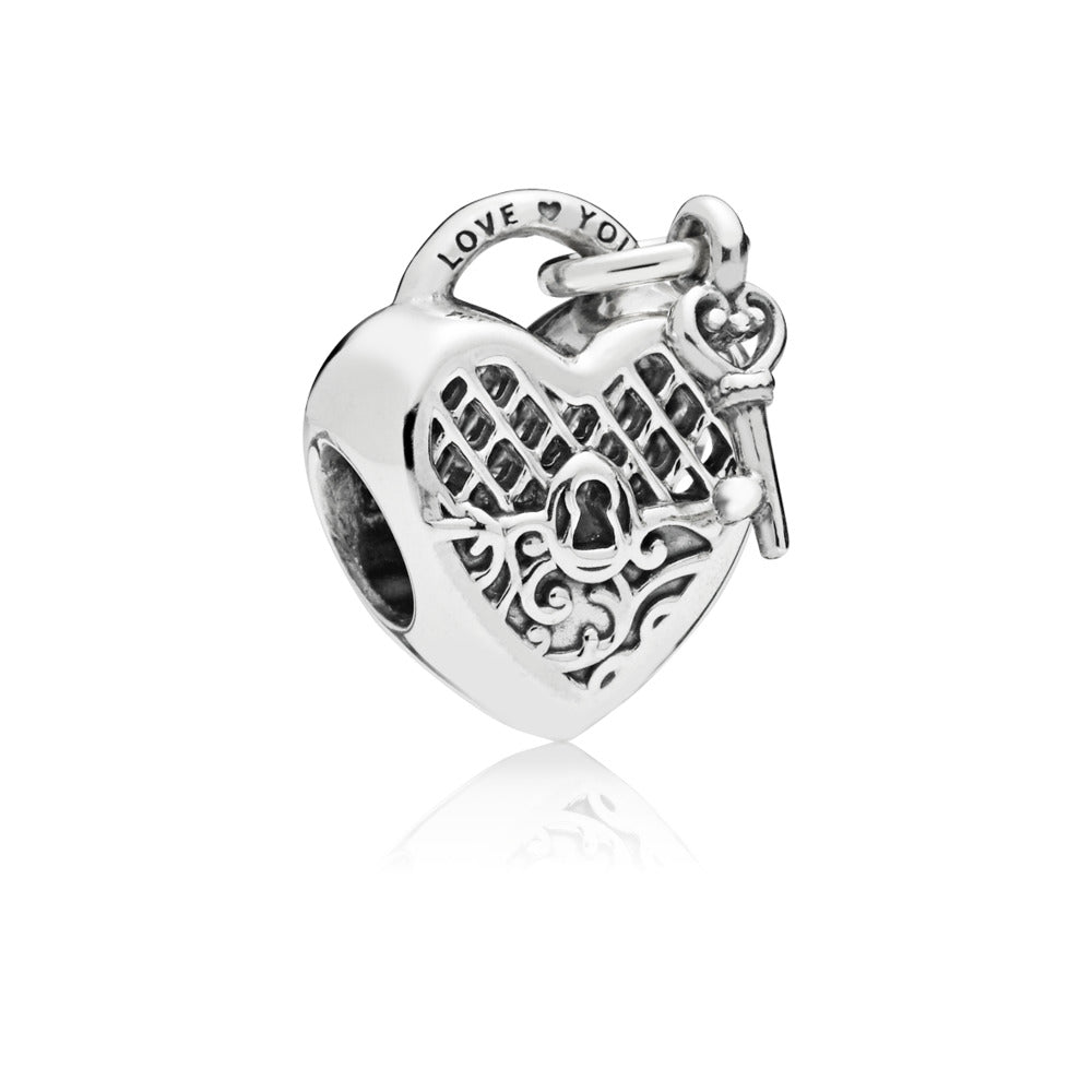 Pandora Heart padlock and key charm in sterling silver with engraving ""Love You"" 797655